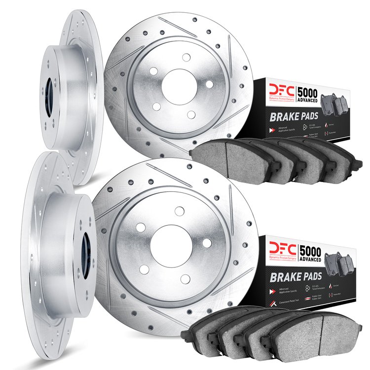 7504-27000 Drilled/Slotted Brake Rotors w/5000 Advanced Brake Pads Kit [Silver], 1975-1987 Volvo, Position: Front and Rear