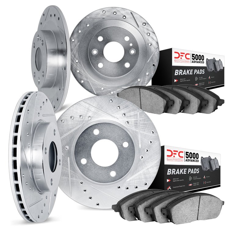 7504-27002 Drilled/Slotted Brake Rotors w/5000 Advanced Brake Pads Kit [Silver], 2000-2004 Volvo, Position: Front and Rear