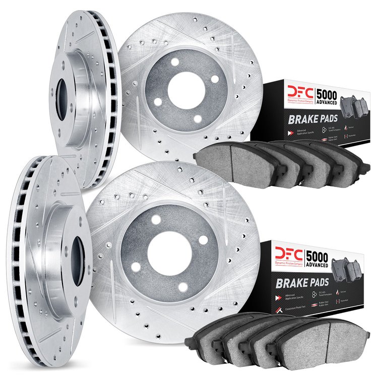7504-37004 Drilled/Slotted Brake Rotors w/5000 Advanced Brake Pads Kit [Silver], 1983-1990 GM, Position: Front and Rear