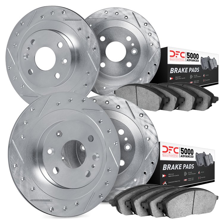 7504-40217 Drilled/Slotted Brake Rotors w/5000 Advanced Brake Pads Kit [Silver], 1978-1983 Mopar, Position: Front and Rear