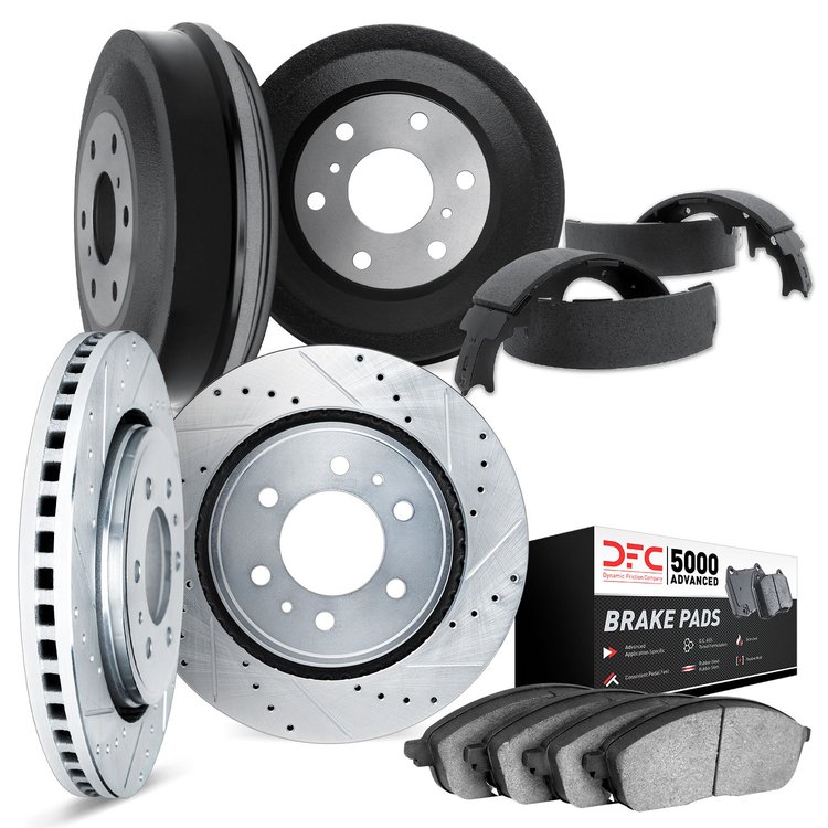 7504-47227 Drilled/Slotted Brake Rotors w/5000 Advanced Brake Pads/Drums & Shoes Kit [Silver], 1992-2000 GM, Position: Front and