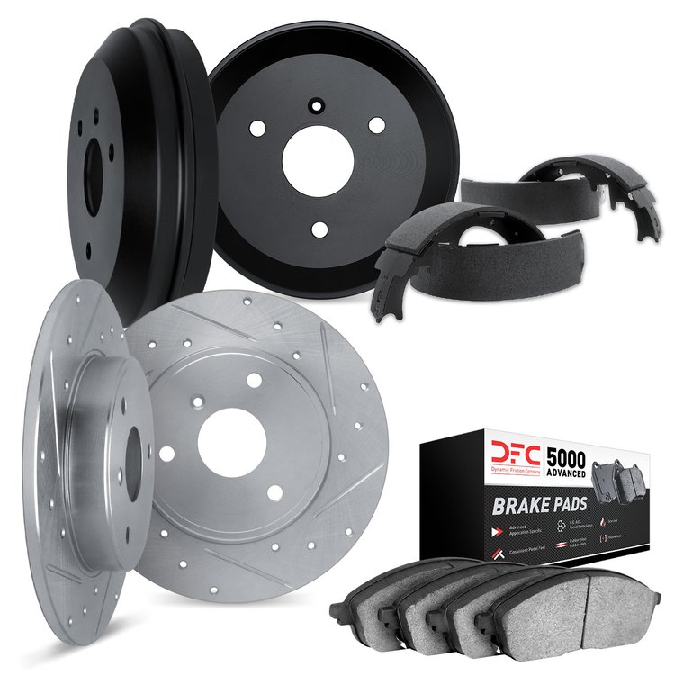 7504-63000 Drilled/Slotted Brake Rotors w/5000 Advanced Brake Pads/Drums & Shoes Kit [Silver], 2005-2016 Smart, Position: Front 