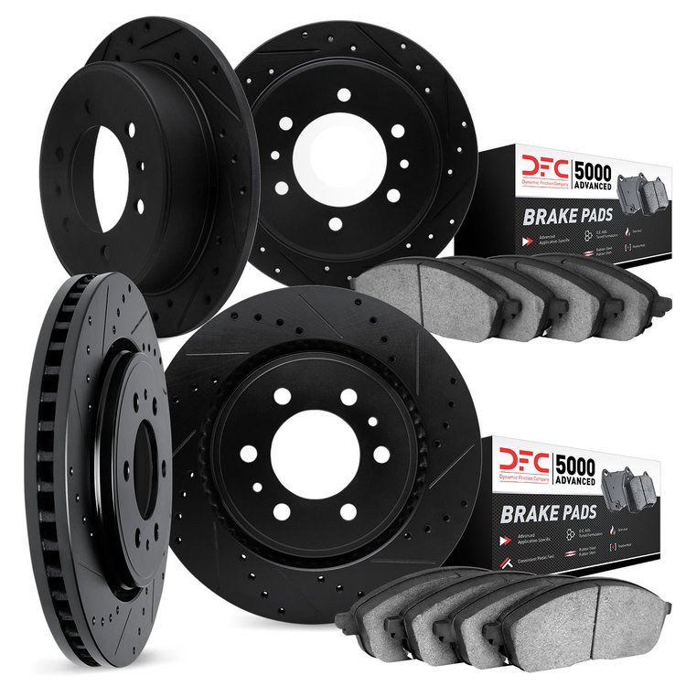 7504-72052 Drilled/Slotted Brake Rotors w/5000 Advanced Brake Pads Kit [Silver], 1998-2000 Mitsubishi, Position: Front and Rear