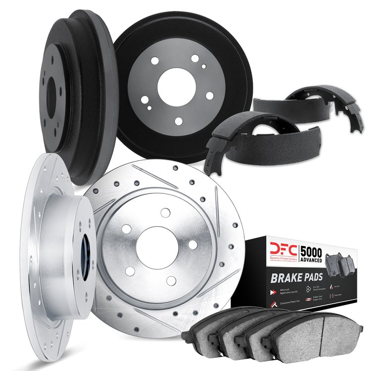 7504-74047 Drilled/Slotted Brake Rotors w/5000 Advanced Brake Pads/Drums & Shoes Kit [Silver], 1972-1972 Audi/Volkswagen, Positi