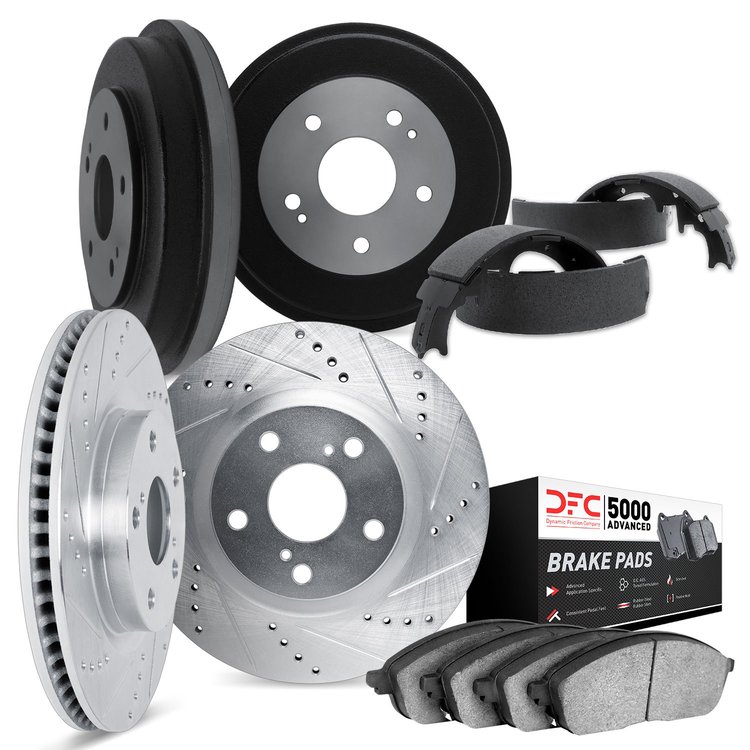 7504-76065 Drilled/Slotted Brake Rotors w/5000 Advanced Brake Pads/Drums & Shoes Kit [Silver], 1994-1997 Lexus/Toyota/Scion, Pos