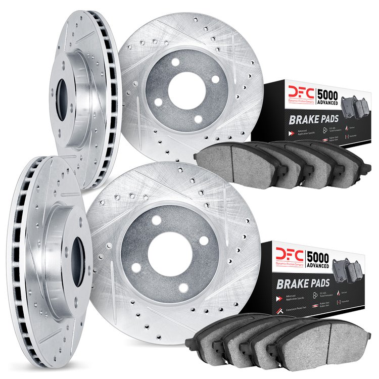 7504-76117 Drilled/Slotted Brake Rotors w/5000 Advanced Brake Pads Kit [Silver], 1985-1988 Lexus/Toyota/Scion, Position: Front a