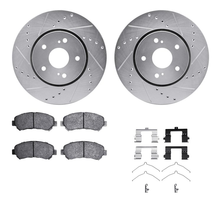 7512-01007 Drilled/Slotted Brake Rotors w/5000 Advanced Brake Pads Kit & Hardware [Silver], 2010-2013 Suzuki, Position: Front