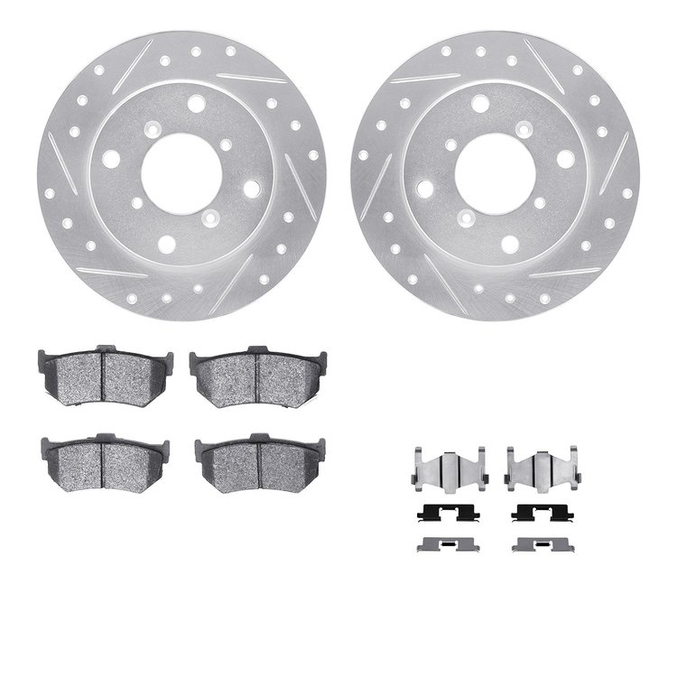 7512-01020 Drilled/Slotted Brake Rotors w/5000 Advanced Brake Pads Kit & Hardware [Silver], 1989-1994 Suzuki, Position: Rear