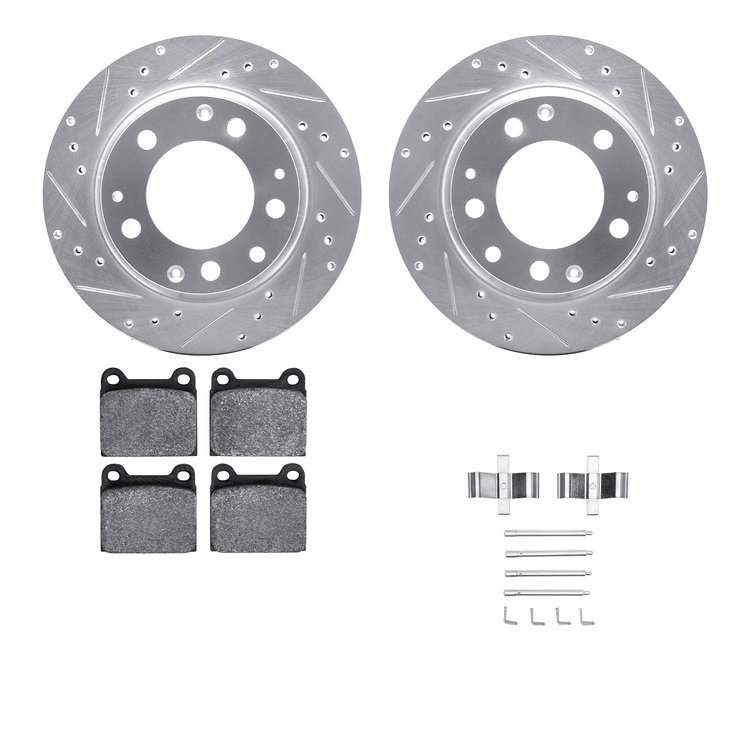 7512-02005 Drilled/Slotted Brake Rotors w/5000 Advanced Brake Pads Kit & Hardware [Silver], 1969-1983 Porsche, Position: Rear