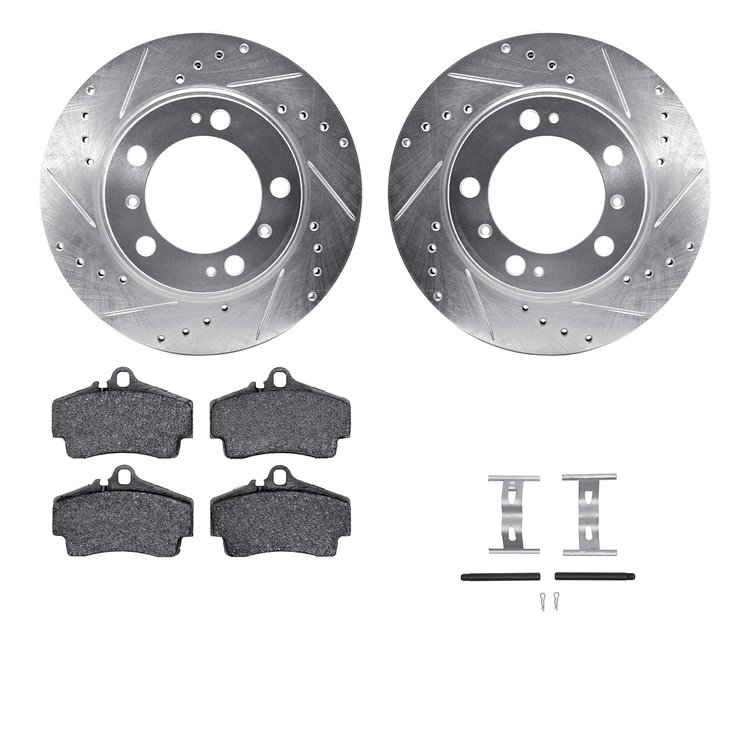 7512-02008 Drilled/Slotted Brake Rotors w/5000 Advanced Brake Pads Kit & Hardware [Silver], 1997-2004 Porsche, Position: Rear