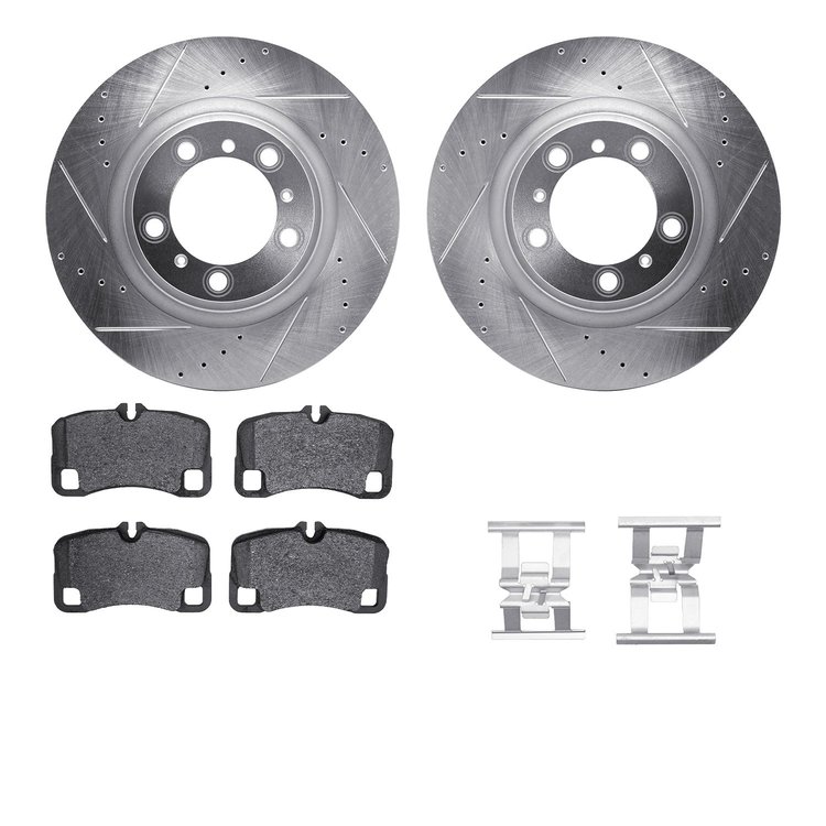 7512-02026 Drilled/Slotted Brake Rotors w/5000 Advanced Brake Pads Kit & Hardware [Silver], 2007-2013 Porsche, Position: Rear