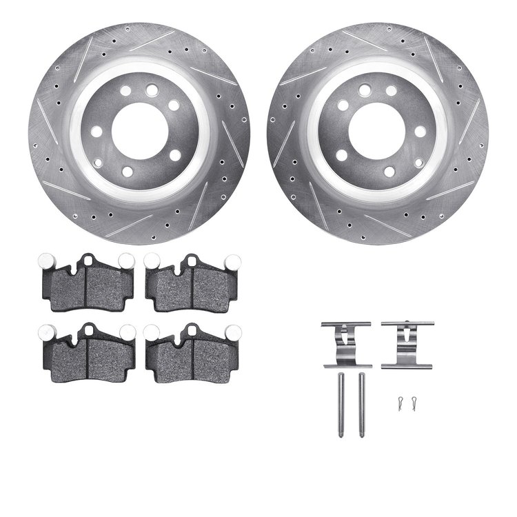 7512-02140 Drilled/Slotted Brake Rotors w/5000 Advanced Brake Pads Kit & Hardware [Silver], 2005-2006 Porsche, Position: Rear
