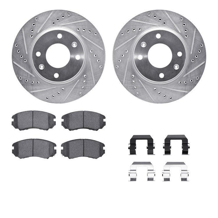 7512-03000 Drilled/Slotted Brake Rotors w/5000 Advanced Brake Pads Kit & Hardware [Silver], 2002-2006 Kia/Hyundai/Genesis, Posit
