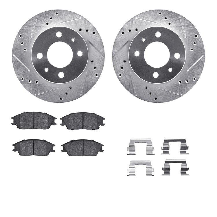 7512-03014 Drilled/Slotted Brake Rotors w/5000 Advanced Brake Pads Kit & Hardware [Silver], 2000-2002 Kia/Hyundai/Genesis, Posit
