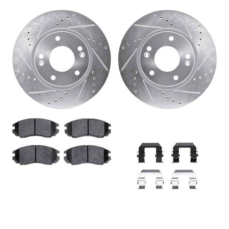 7512-03019 Drilled/Slotted Brake Rotors w/5000 Advanced Brake Pads Kit & Hardware [Silver], 2004-2006 Kia/Hyundai/Genesis, Posit