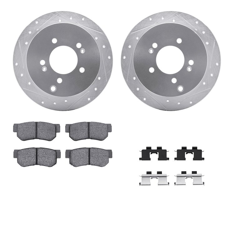7512-03021 Drilled/Slotted Brake Rotors w/5000 Advanced Brake Pads Kit & Hardware [Silver], 2001-2010 Kia/Hyundai/Genesis, Posit