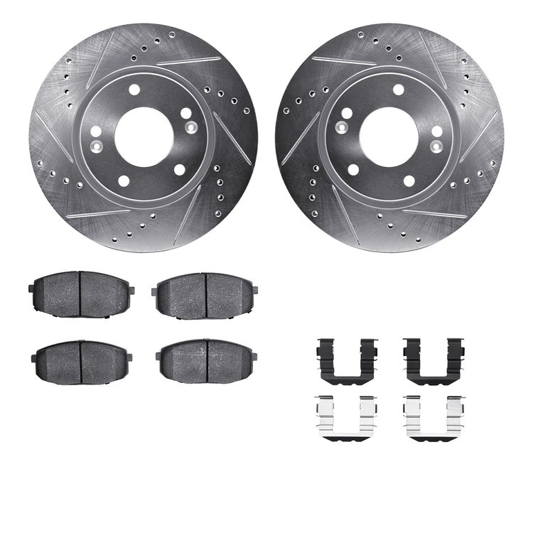 7512-03022 Drilled/Slotted Brake Rotors w/5000 Advanced Brake Pads Kit & Hardware [Silver], 2009-2012 Kia/Hyundai/Genesis, Posit