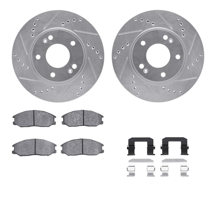 7512-03024 Drilled/Slotted Brake Rotors w/5000 Advanced Brake Pads Kit & Hardware [Silver], 2001-2005 Kia/Hyundai/Genesis, Posit