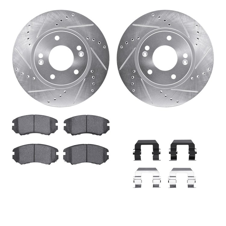 7512-03026 Drilled/Slotted Brake Rotors w/5000 Advanced Brake Pads Kit & Hardware [Silver], 2003-2013 Kia/Hyundai/Genesis, Posit