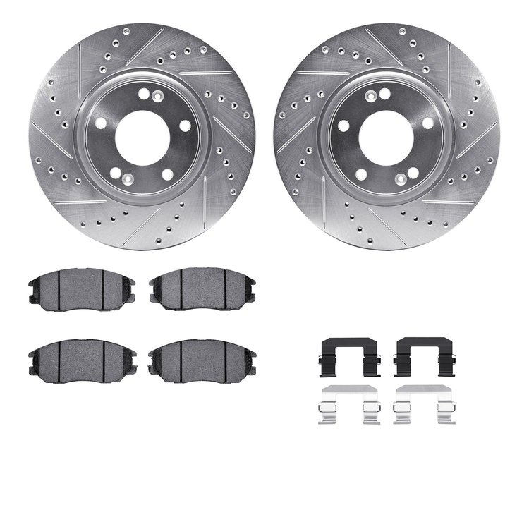 7512-03029 Drilled/Slotted Brake Rotors w/5000 Advanced Brake Pads Kit & Hardware [Silver], 2004-2006 Kia/Hyundai/Genesis, Posit