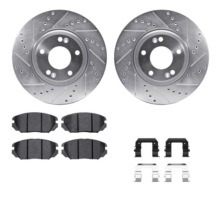 7512-03031 Drilled/Slotted Brake Rotors w/5000 Advanced Brake Pads Kit & Hardware [Silver], 2006-2011 Kia/Hyundai/Genesis, Posit