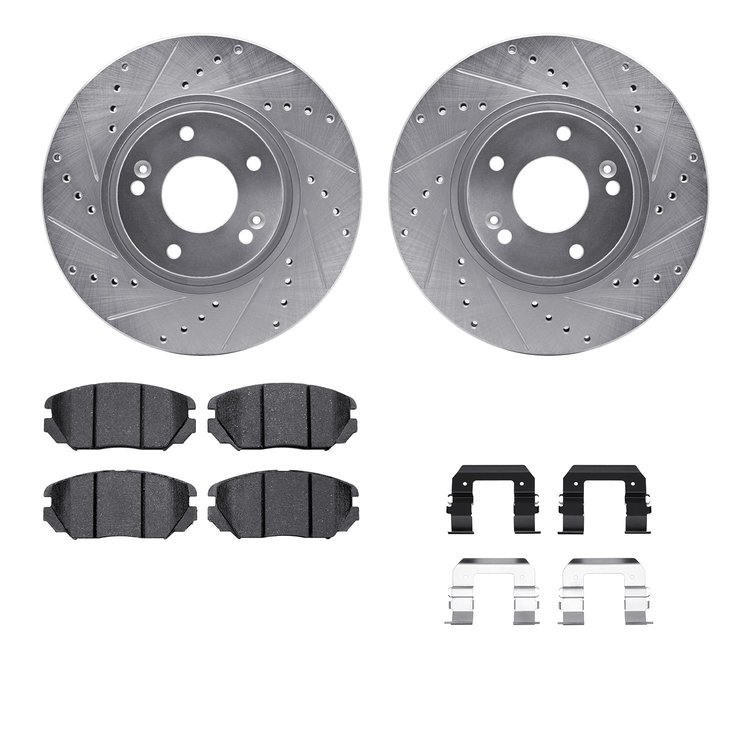 7512-03032 Drilled/Slotted Brake Rotors w/5000 Advanced Brake Pads Kit & Hardware [Silver], 2005-2010 Kia/Hyundai/Genesis, Posit