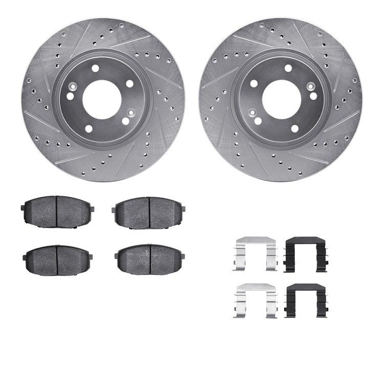 7512-03034 Drilled/Slotted Brake Rotors w/5000 Advanced Brake Pads Kit & Hardware [Silver], 2010-2013 Kia/Hyundai/Genesis, Posit