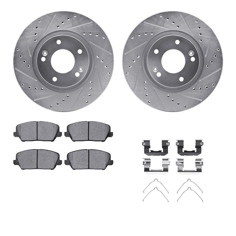 7512-03040 Drilled/Slotted Brake Rotors w/5000 Advanced Brake Pads Kit & Hardware [Silver], 2016-2017 Kia/Hyundai/Genesis, Posit