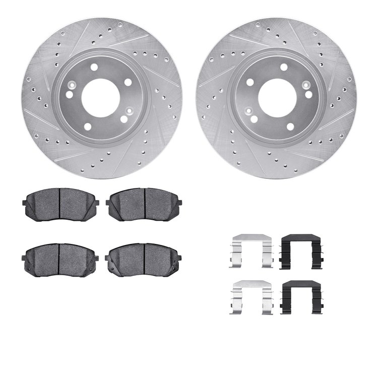 7512-03045 Drilled/Slotted Brake Rotors w/5000 Advanced Brake Pads Kit & Hardware [Silver], 2010-2016 Kia/Hyundai/Genesis, Posit