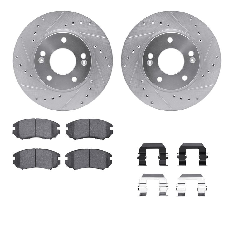7512-03057 Drilled/Slotted Brake Rotors w/5000 Advanced Brake Pads Kit & Hardware [Silver], 2007-2010 Kia/Hyundai/Genesis, Posit