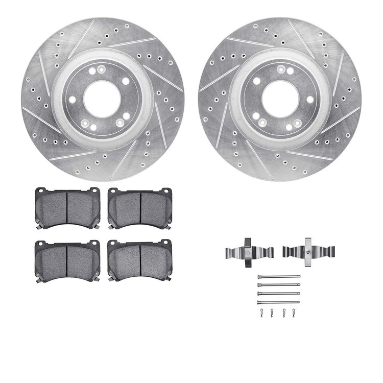7512-03061 Drilled/Slotted Brake Rotors w/5000 Advanced Brake Pads Kit & Hardware [Silver], 2009-2014 Kia/Hyundai/Genesis, Posit
