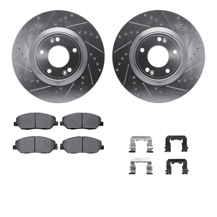 7512-03062 Drilled/Slotted Brake Rotors w/5000 Advanced Brake Pads Kit & Hardware [Silver], 2009-2011 Kia/Hyundai/Genesis, Posit
