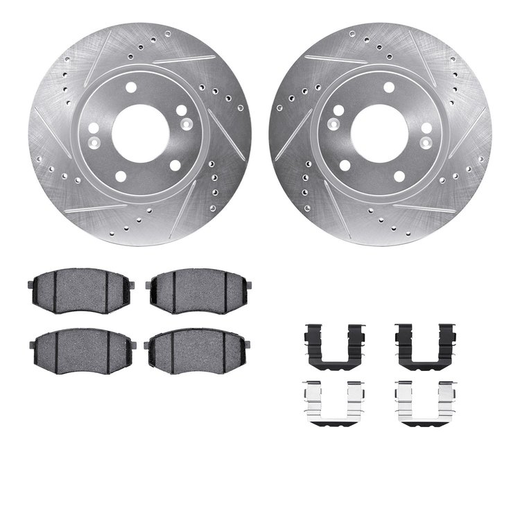 7512-03067 Drilled/Slotted Brake Rotors w/5000 Advanced Brake Pads Kit & Hardware [Silver], 2010-2011 Kia/Hyundai/Genesis, Posit