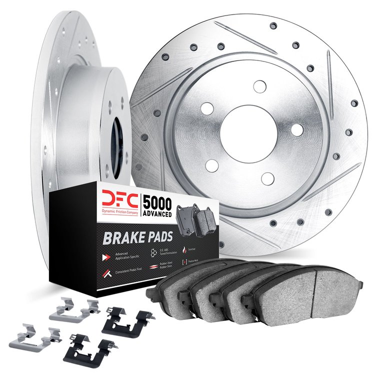 7512-03072 Drilled/Slotted Brake Rotors w/5000 Advanced Brake Pads Kit & Hardware [Silver], Fits Select Kia/Hyundai/Genesis, Pos