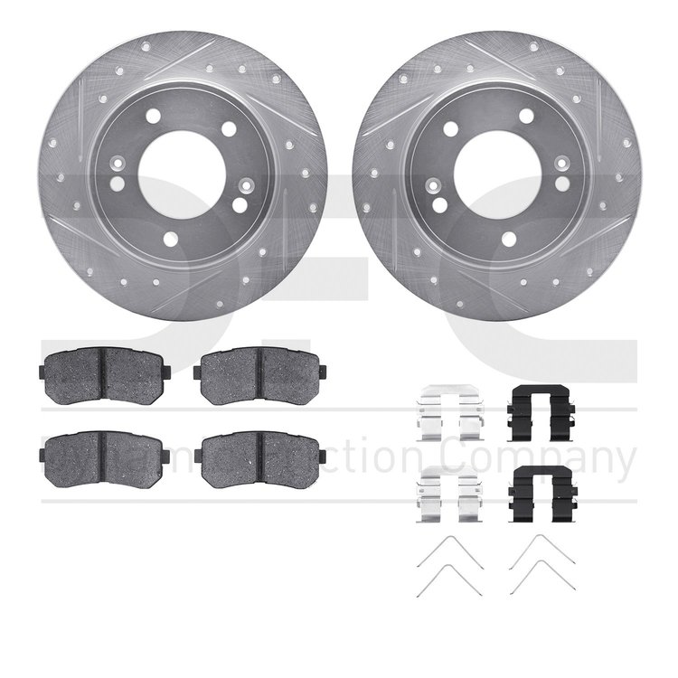 7512-03073 Drilled/Slotted Brake Rotors w/5000 Advanced Brake Pads Kit & Hardware [Silver], Fits Select Kia/Hyundai/Genesis, Pos