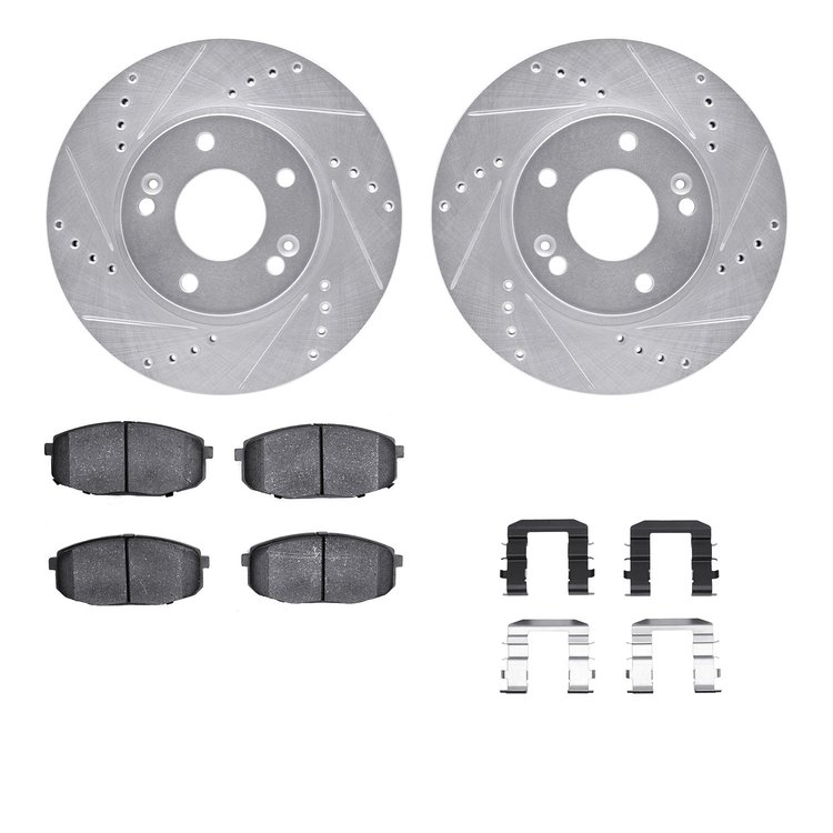7512-03074 Drilled/Slotted Brake Rotors w/5000 Advanced Brake Pads Kit & Hardware [Silver], Fits Select Kia/Hyundai/Genesis, Pos