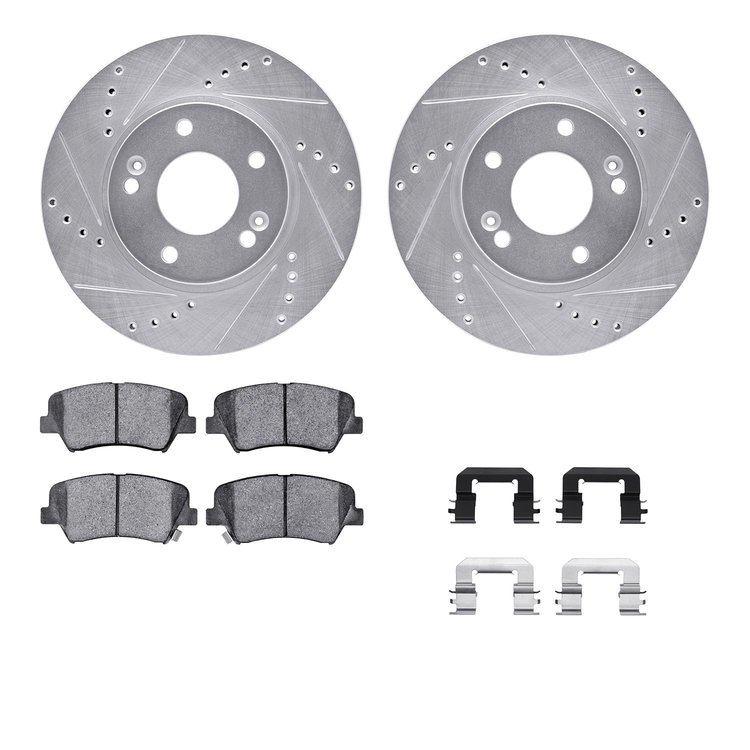 7512-03076 Drilled/Slotted Brake Rotors w/5000 Advanced Brake Pads Kit & Hardware [Silver], 2012-2016 Kia/Hyundai/Genesis, Posit