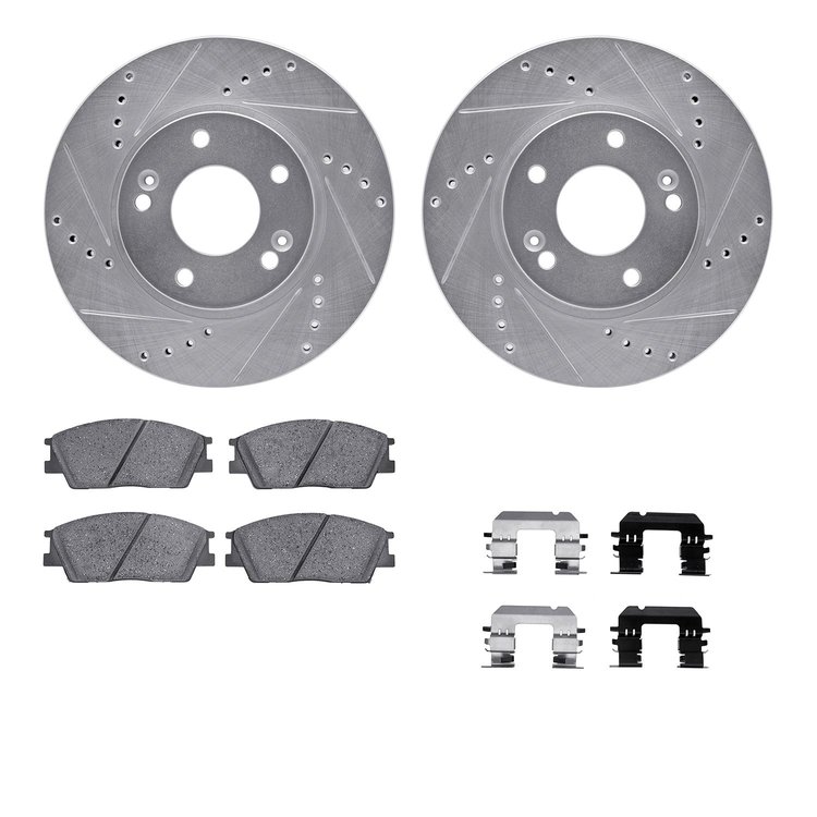 7512-03080 Drilled/Slotted Brake Rotors w/5000 Advanced Brake Pads Kit & Hardware [Silver], Fits Select Kia/Hyundai/Genesis, Pos