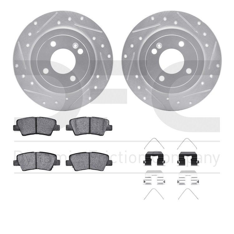 7512-03089 Drilled/Slotted Brake Rotors w/5000 Advanced Brake Pads Kit & Hardware [Silver], Fits Select Kia/Hyundai/Genesis, Pos