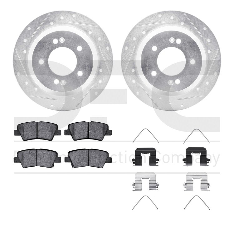 7512-03109 Drilled/Slotted Brake Rotors w/5000 Advanced Brake Pads Kit & Hardware [Silver], Fits Select Kia/Hyundai/Genesis, Pos