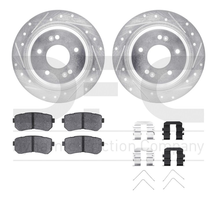 7512-03112 Drilled/Slotted Brake Rotors w/5000 Advanced Brake Pads Kit & Hardware [Silver], Fits Select Kia/Hyundai/Genesis, Pos