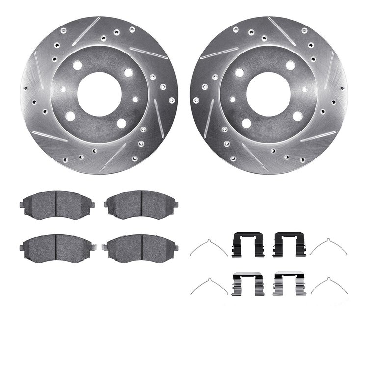 7512-03125 Drilled/Slotted Brake Rotors w/5000 Advanced Brake Pads Kit & Hardware [Silver], 1989-1998 Kia/Hyundai/Genesis, Posit
