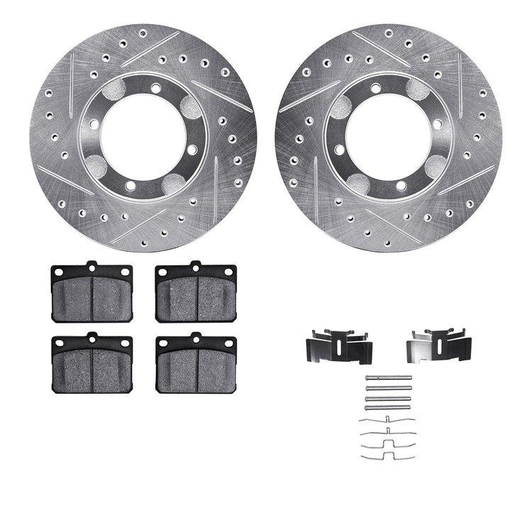 7512-03130 Drilled/Slotted Brake Rotors w/5000 Advanced Brake Pads Kit & Hardware [Silver], 1987-1987 Mitsubishi, Position: Fron