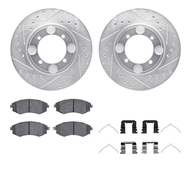 7512-03146 Drilled/Slotted Brake Rotors w/5000 Advanced Brake Pads Kit & Hardware [Silver], 1997-1998 Kia/Hyundai/Genesis, Posit