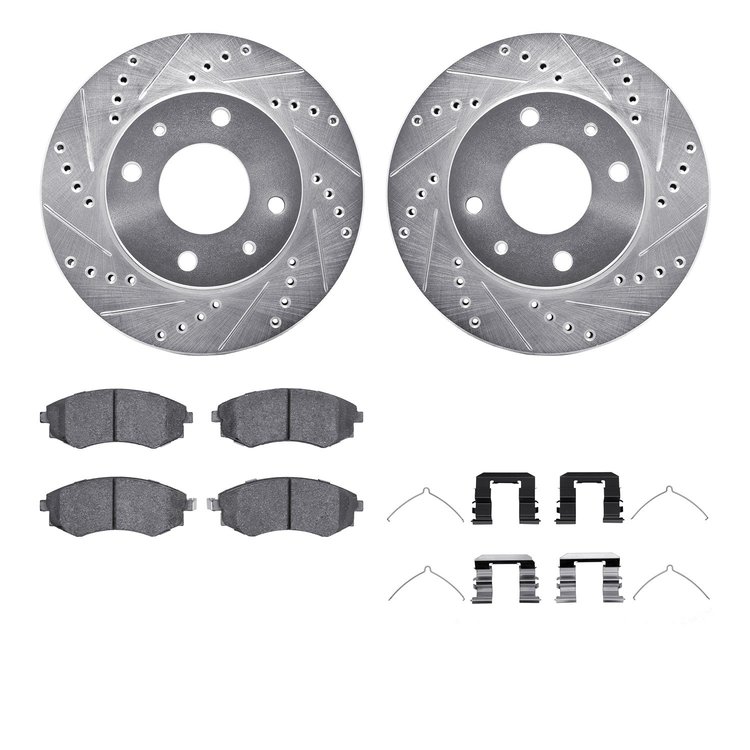 7512-03182 Drilled/Slotted Brake Rotors w/5000 Advanced Brake Pads Kit & Hardware [Silver], 2002-2003 Kia/Hyundai/Genesis, Posit