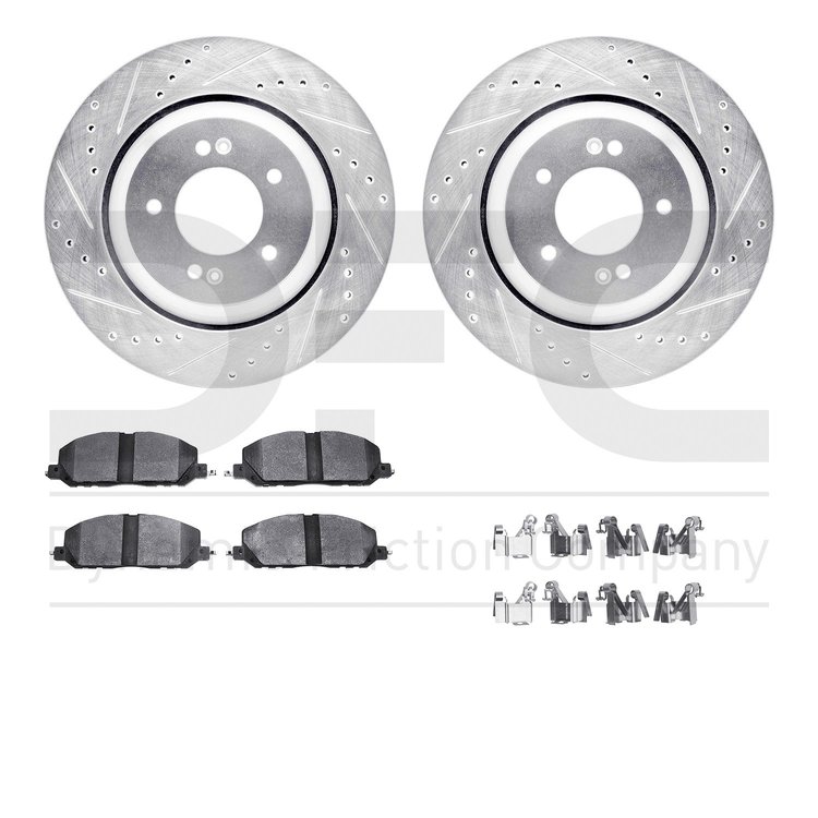 7512-03447 Drilled/Slotted Brake Rotors w/5000 Advanced Brake Pads Kit & Hardware [Silver], Fits Select Kia/Hyundai/Genesis, Pos