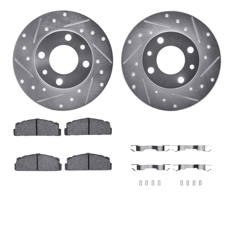 7512-07002 Drilled/Slotted Brake Rotors w/5000 Advanced Brake Pads Kit & Hardware [Silver], 1968-1992 Multiple Makes/Models, Pos