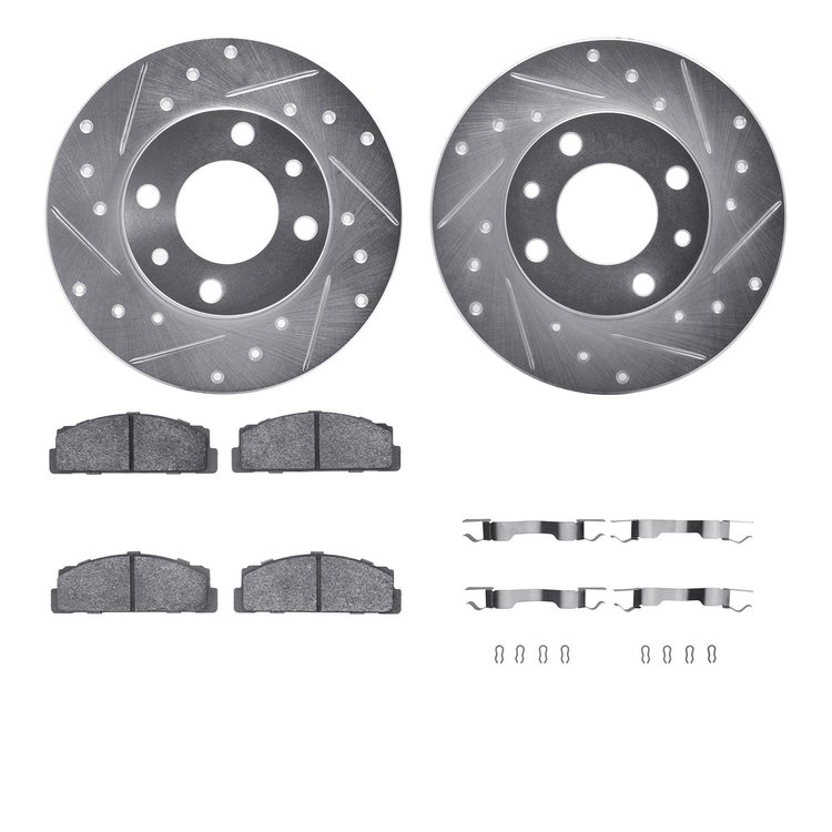 7512-07011 Drilled/Slotted Brake Rotors w/5000 Advanced Brake Pads Kit & Hardware [Silver], 1966-1983 Mopar, Position: Rear