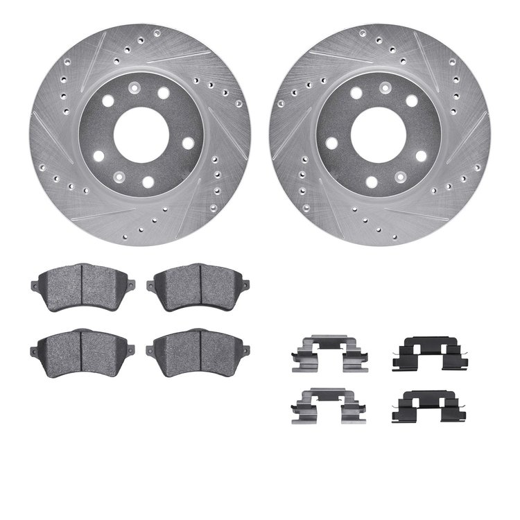 7512-11025 Drilled/Slotted Brake Rotors w/5000 Advanced Brake Pads Kit & Hardware [Silver], 2002-2005 Land Rover, Position: Fron