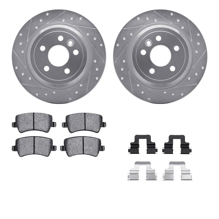 7512-11037 Drilled/Slotted Brake Rotors w/5000 Advanced Brake Pads Kit & Hardware [Silver], 2013-2015 Land Rover, Position: Rear